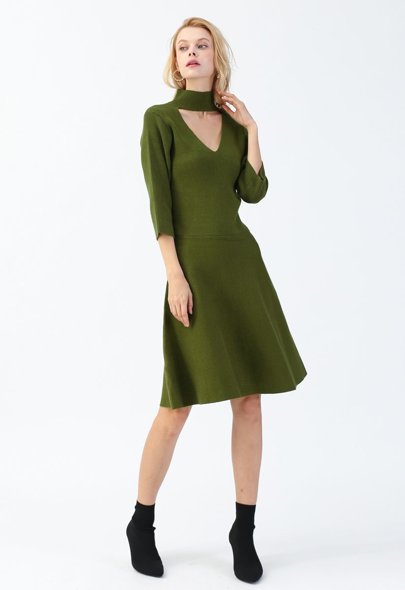 V-Shape Cutout Ribbed Knit Midi Dress in Olive