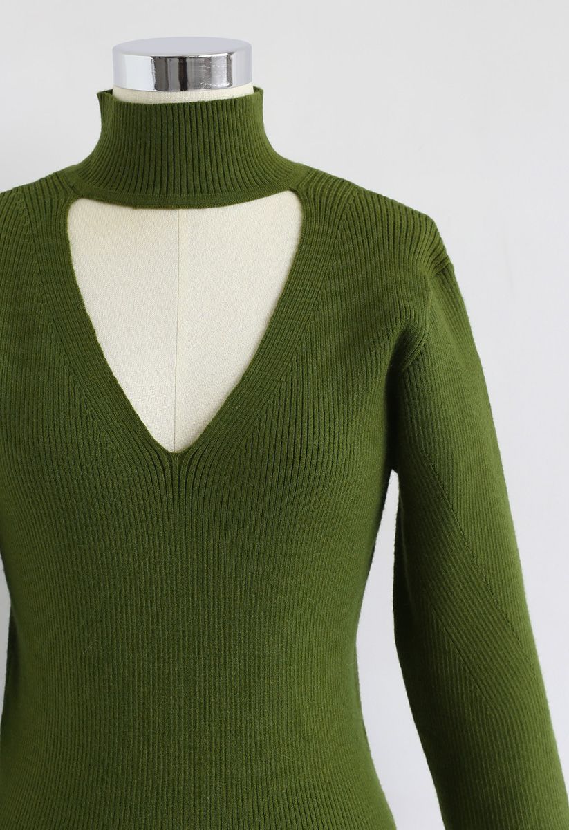 V-Shape Cutout Ribbed Knit Midi Dress in Olive