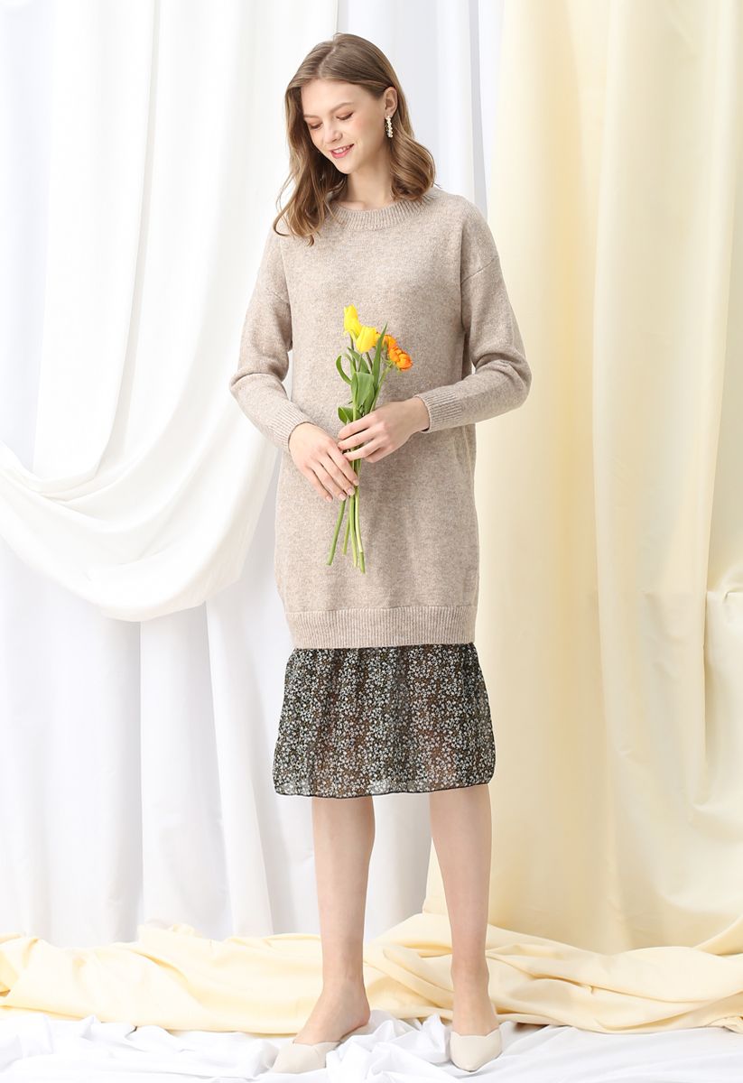 Fake Two-Piece Soft Knit Shift Dress in Sand