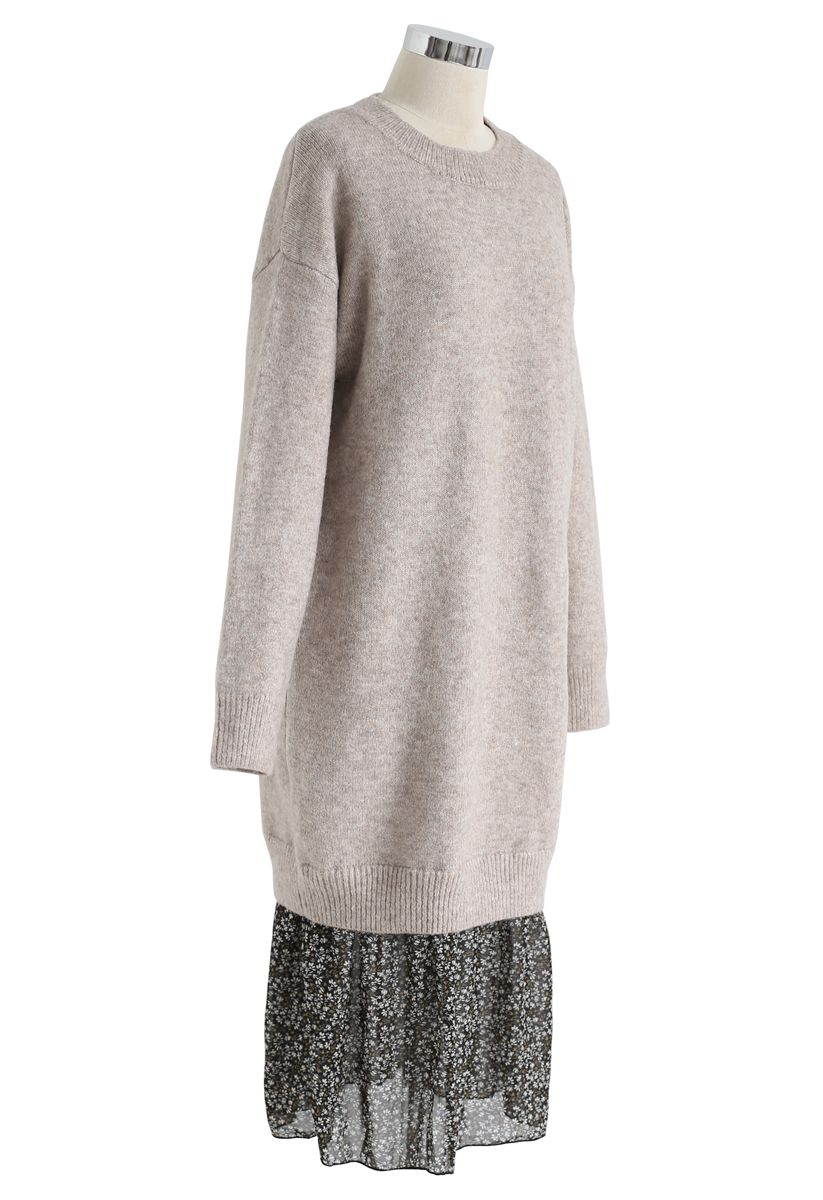 Fake Two-Piece Soft Knit Shift Dress in Sand