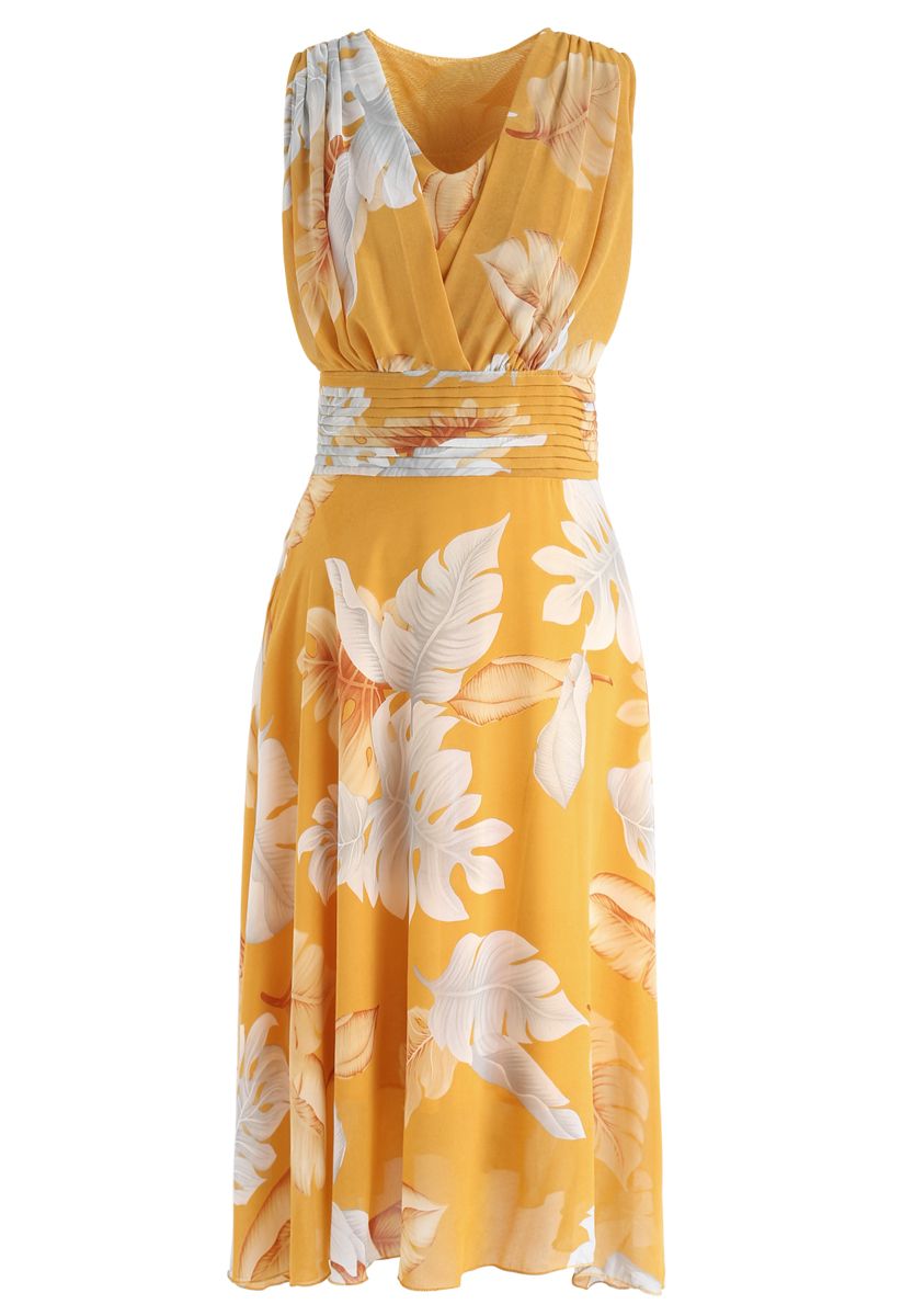 Mustard Tropical Leaf Pleated Sleeveless Chiffon Dress