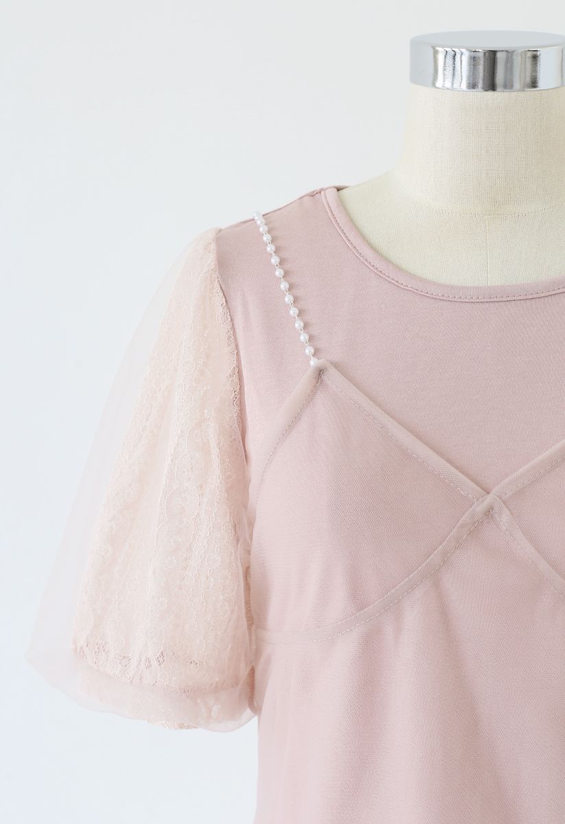 Lacy Bubble Sleeves Top and Pearl Trim Cami Top Set in Pink