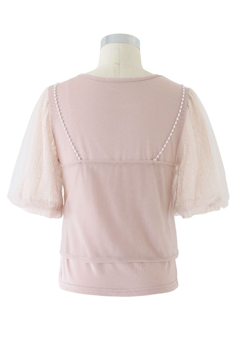 Lacy Bubble Sleeves Top and Pearl Trim Cami Top Set in Pink