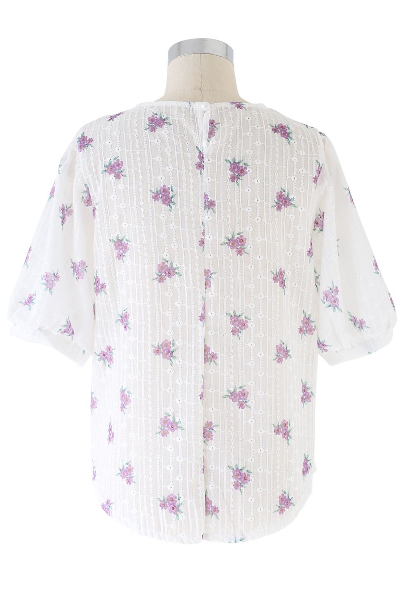 Purple Posy Print Embroidery Eyelet Top