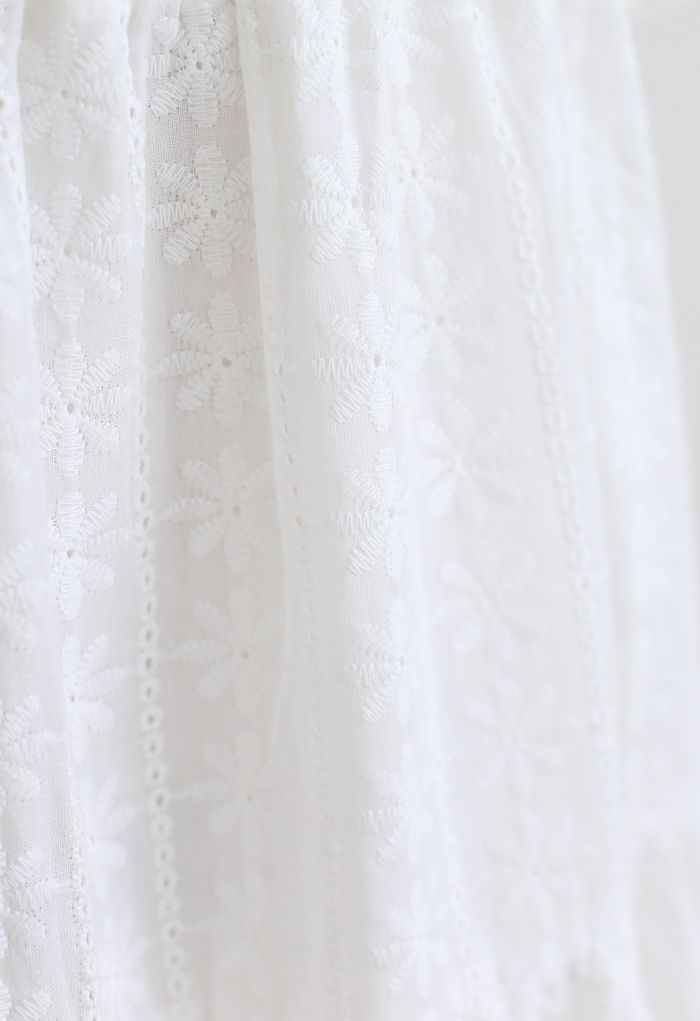 Floret Embroidered Drawstring Waist Eyelet Mini Dress in White