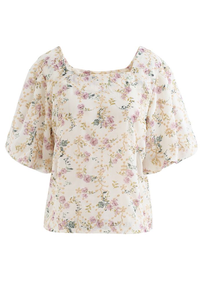 Floral Print Embroidered Bubble Sleeves Chiffon Top in Cream