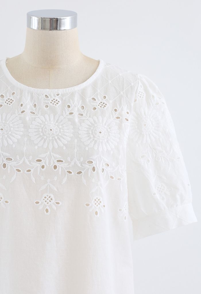 Round Neck Embroidered Posy Eyelet Top