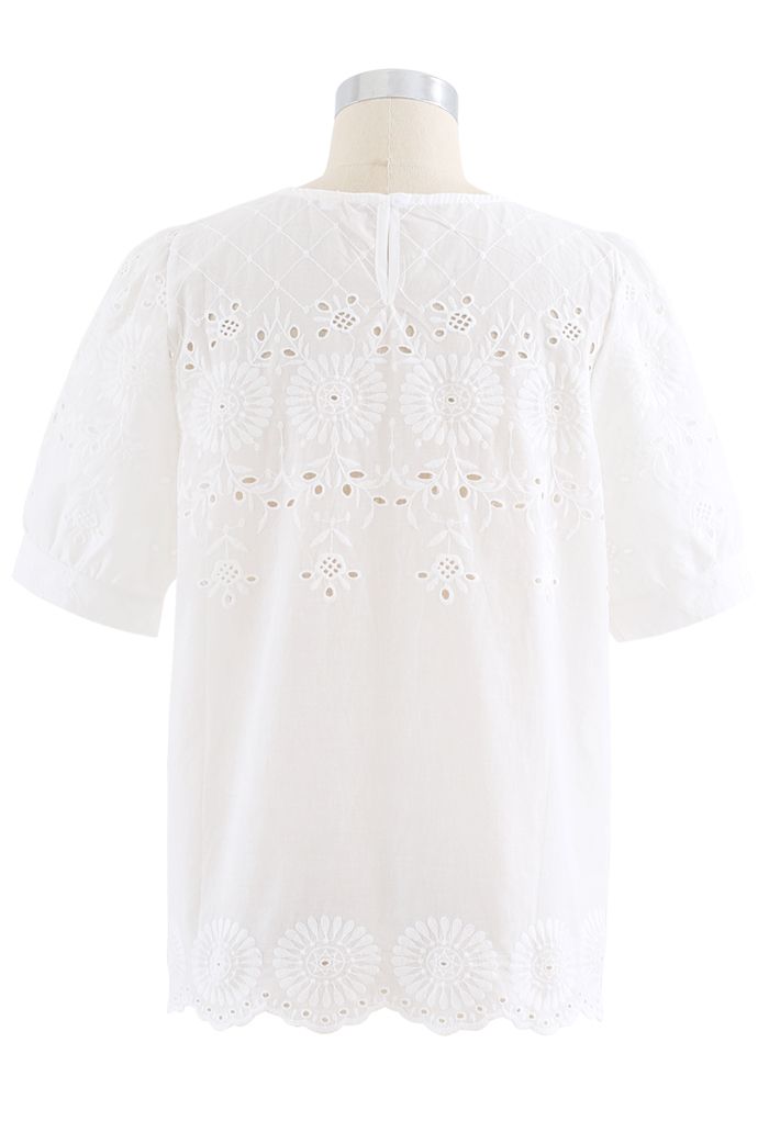 Round Neck Embroidered Posy Eyelet Top