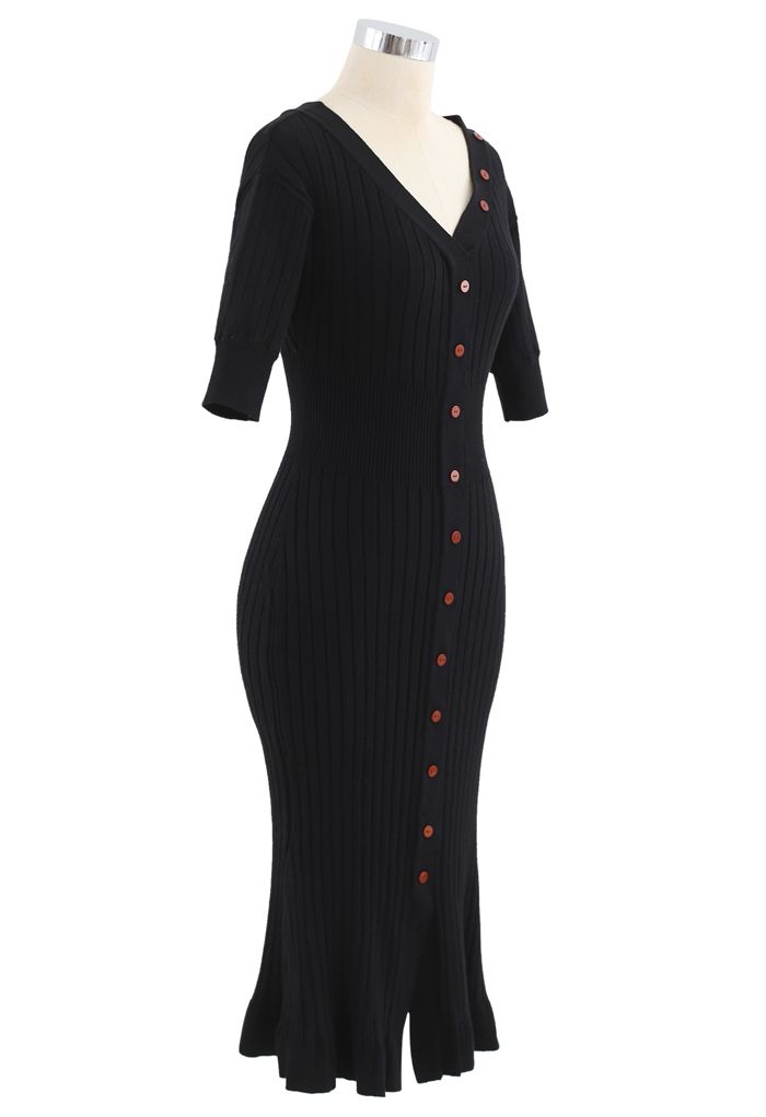 V-Neck Ruffle Button Trim Ribbed Knit Midi Dress in Black
