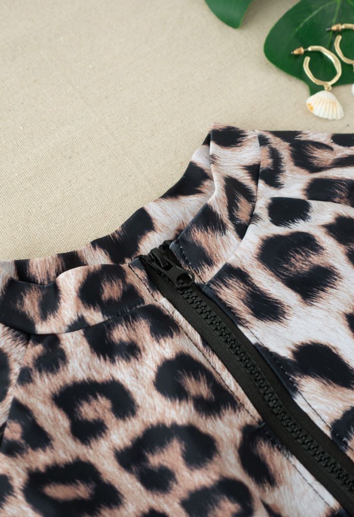 Cheetah Print Long Sleeves Zipper One-Piece Swimsuit