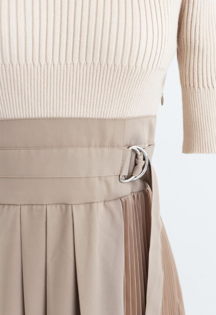 Knit Chiffon Spliced Belted Pleated Dress in Tan