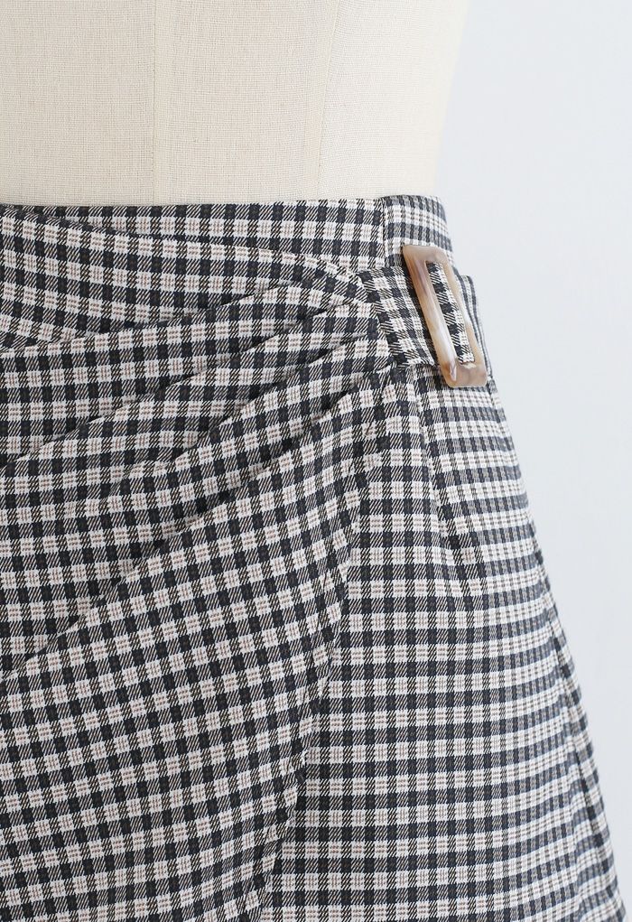 Side Ruched Belt Asymmetric Mini Skirt in Gingham