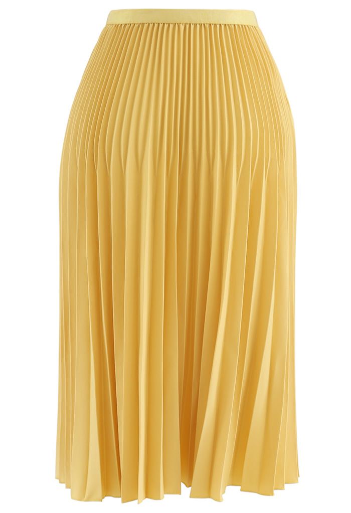 Solid Color Pleated A-Line Midi Skirt in Mustard