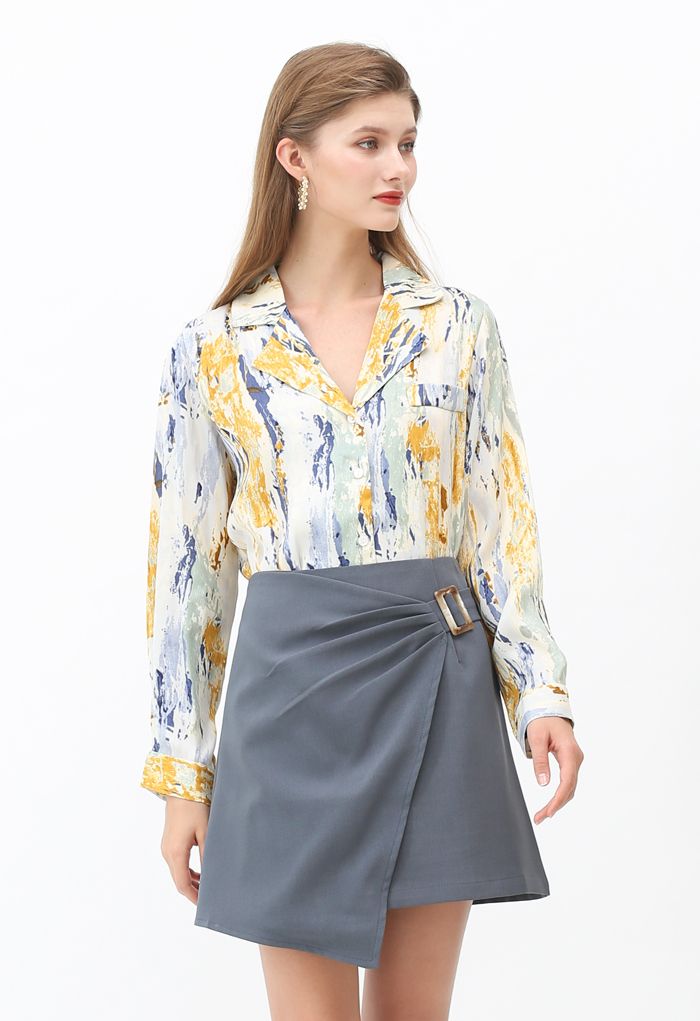 Side Ruched Belt Asymmetric Mini Skirt in Grey