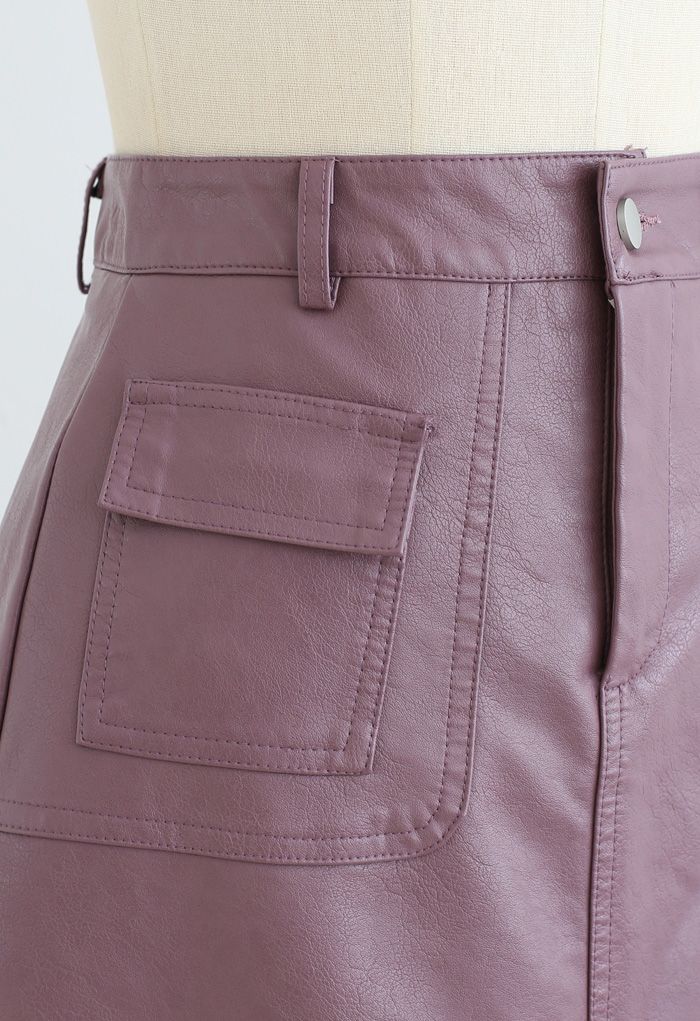 Pocket Faux Leather Texture Skirt in Plum