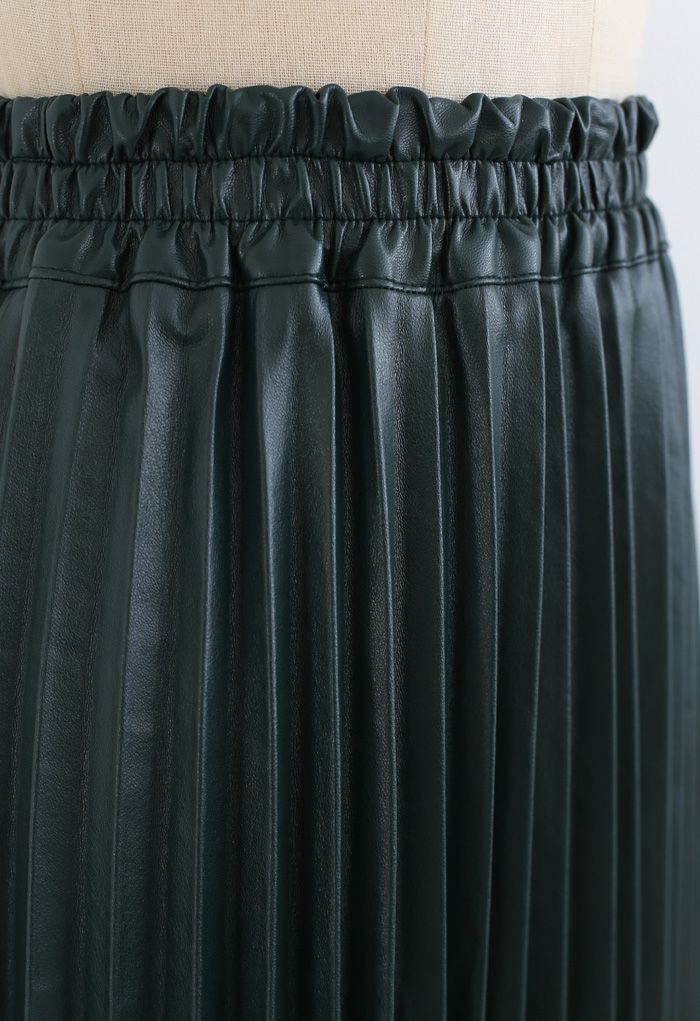 Faux Leather Pleated A-Line Midi Skirt in Dark Green