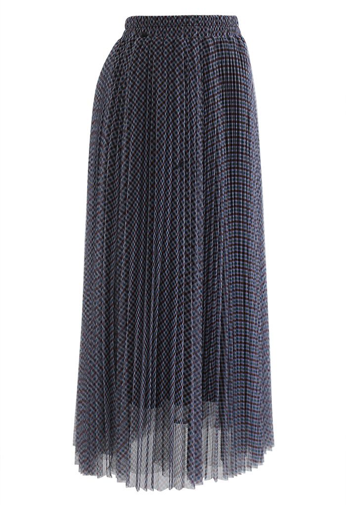 Gingham Double-Layered Pleated Mesh Midi Skirt in Navy