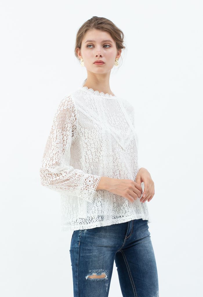Floret Full Lace Long Sleeves Top in White