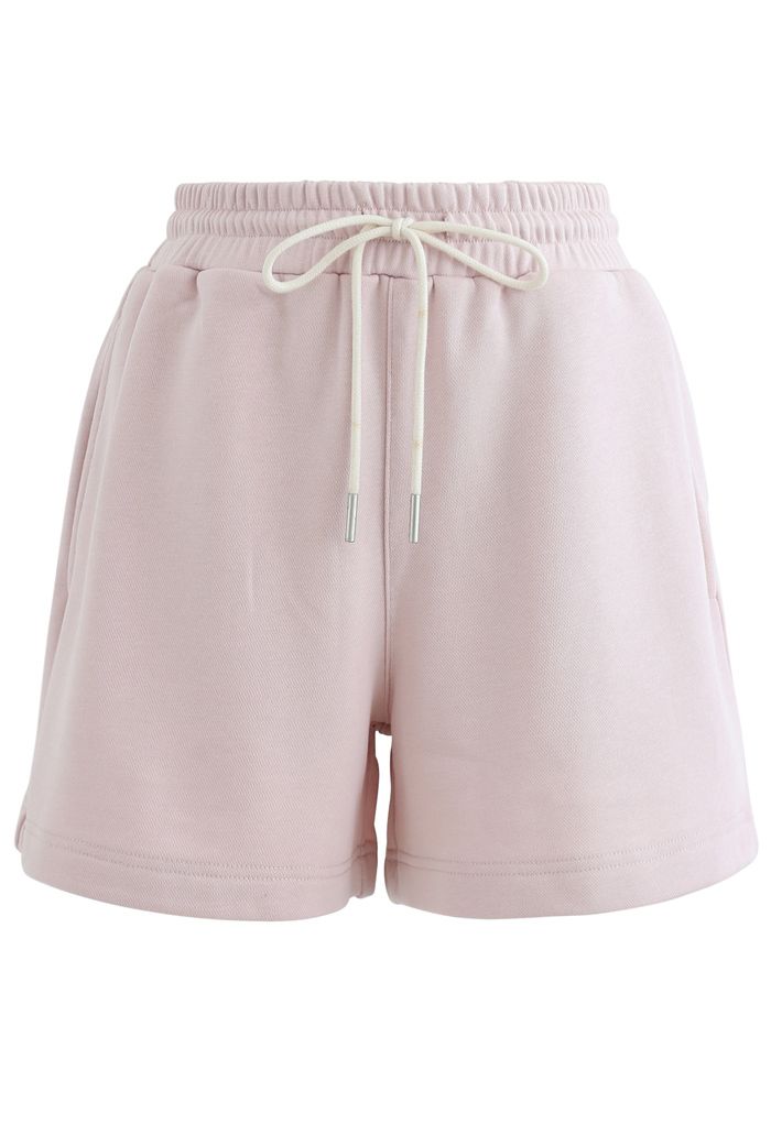 Round Neck Sweatshirt and Drawstring Shorts Set in Light Pink
