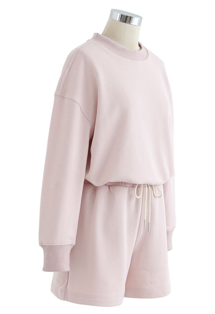 Round Neck Sweatshirt and Drawstring Shorts Set in Light Pink