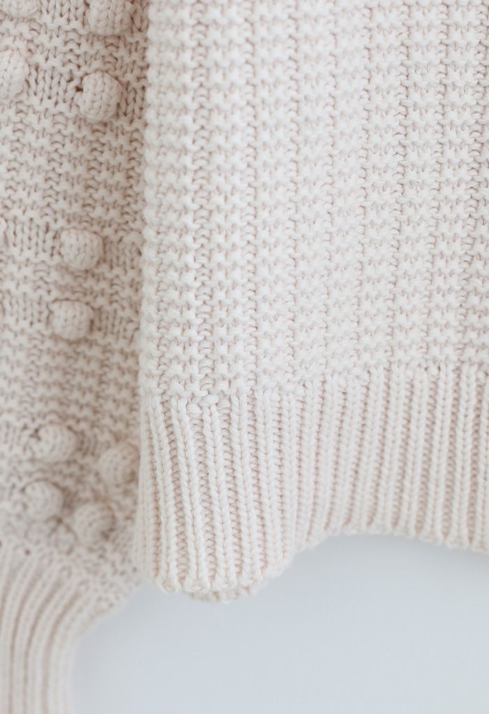 Bubble-Sleeve with Pom-Pom Detail Sweater in Cream