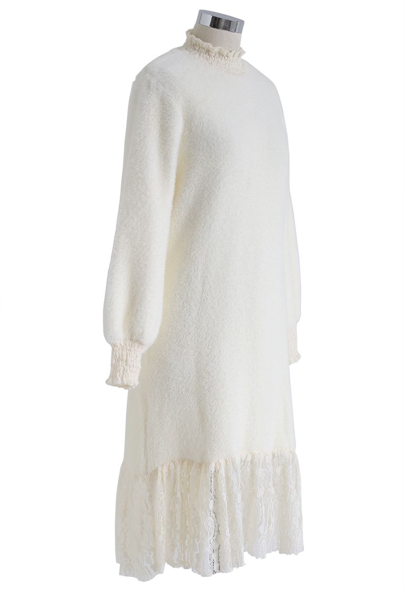 Lace Hem Fluffy Knit Shift Dress in Cream