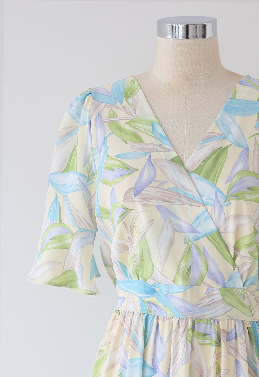 Multicolor Leaves Print Frill Hem Wrap Maxi Dress
