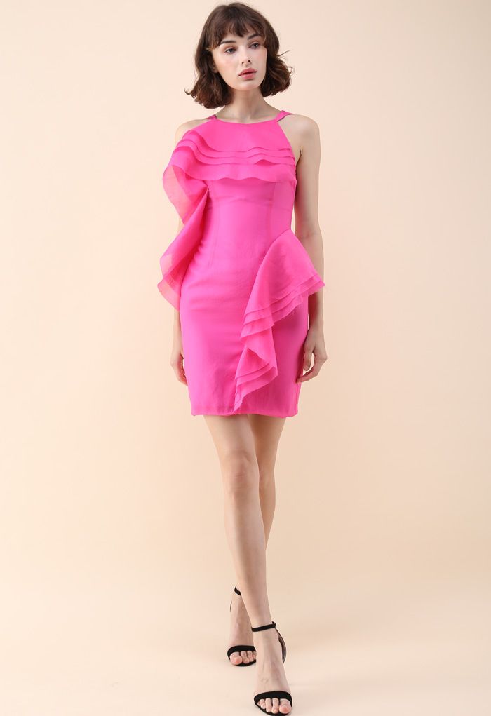 Stylish Winner Tiered Ruffle Sleeveless Dress in Hot Pink