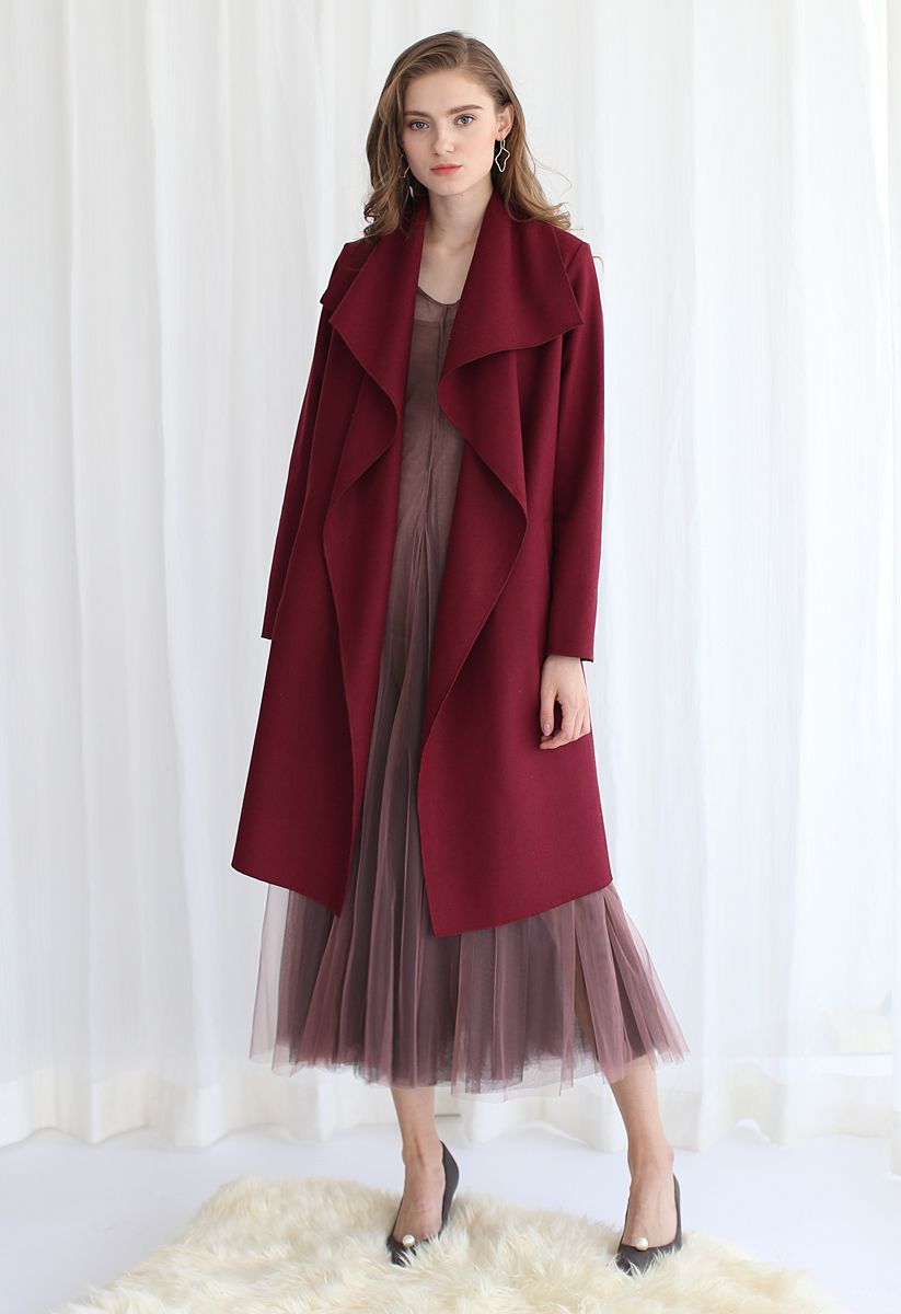 羊毛混紡開襟大衣-酒红色