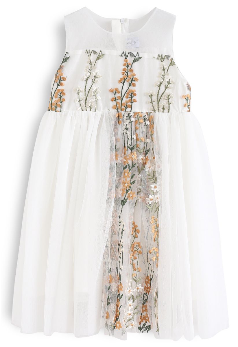 Little Darling Sleeveless Embroidered Mesh Dress in Cream For Kids