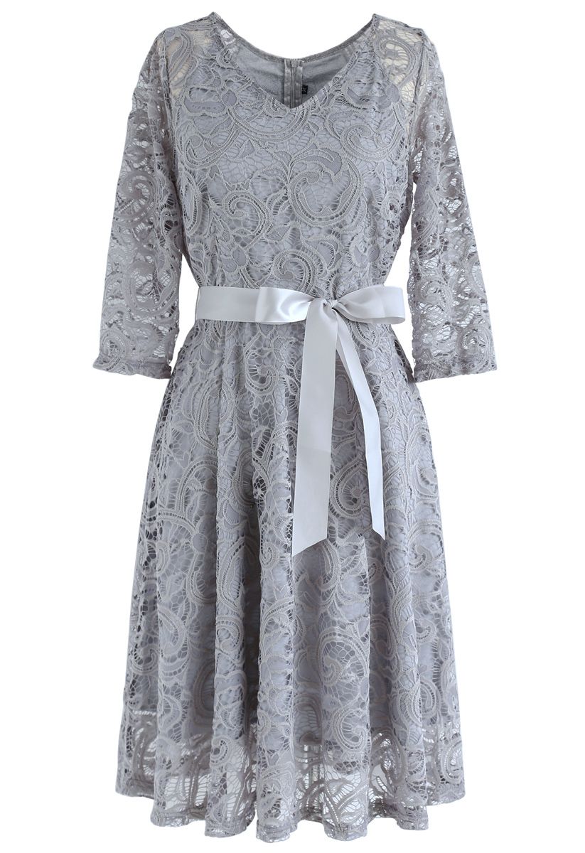 Reminisce Autumn V-Neck Lace Dress in Grey 