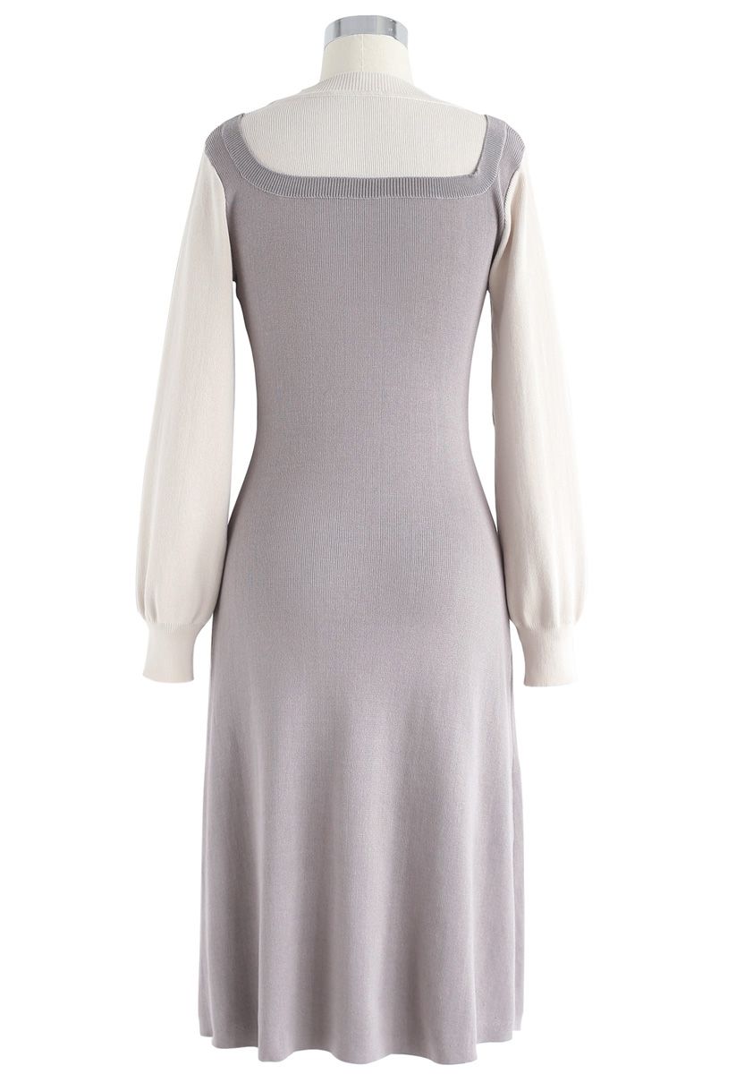 Elegant Identity Fake Two-Piece Knit Dress in Grey