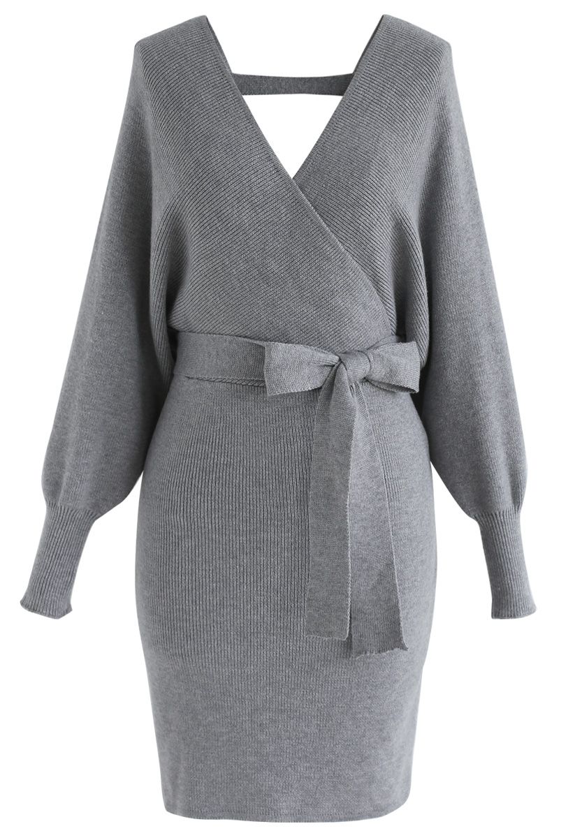 Modern Allure Wrapped Knit Dress in Grey