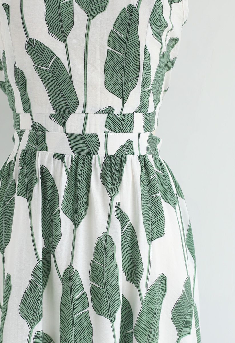 棕櫚葉露背領長連衣裙--綠色