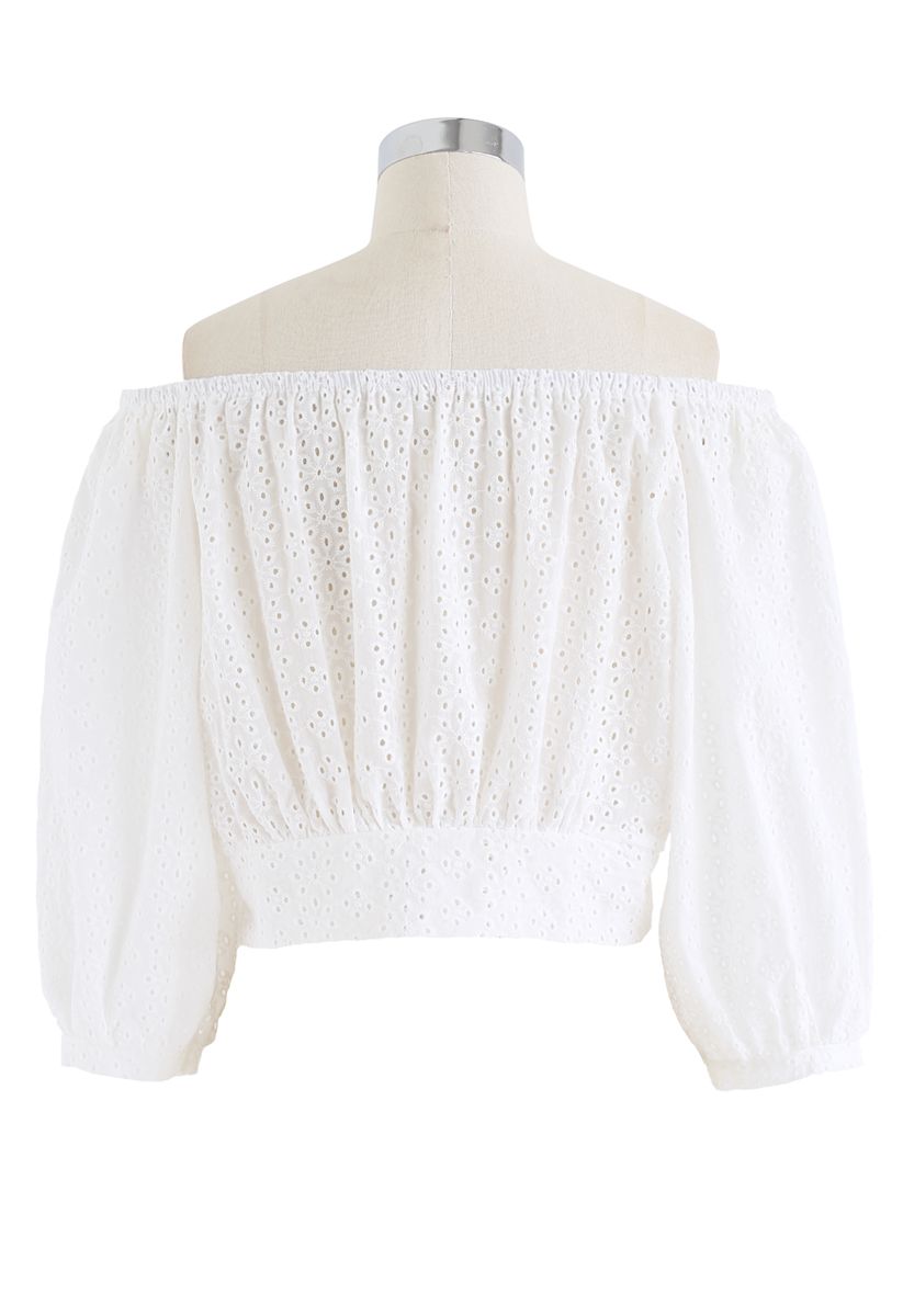 Snowflake Eyelet Off-Shoulder Cotton Top in White