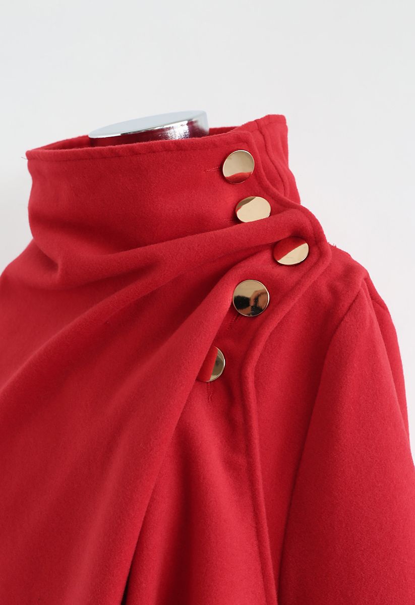 Asymmetric Hem Button Wrap Cape Coat in Red