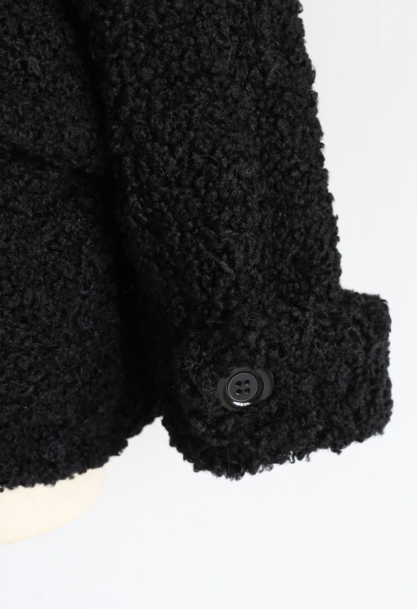 Buttoned Pocket Teddy Coat in Black