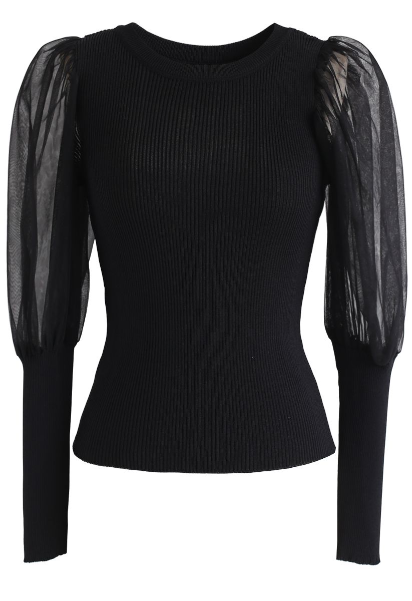 Mesh Bubble-Sleeve Ribbed Knit Top in Black