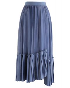 Mesh Asymmetric Hem Pleated Midi Skirt in Blue