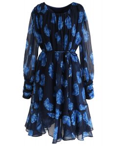 Floral Sheer Sleeves Pleated Chiffon Dress in Blue