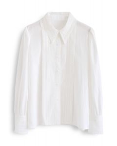 Button Down Crochet Trim Shirt in White