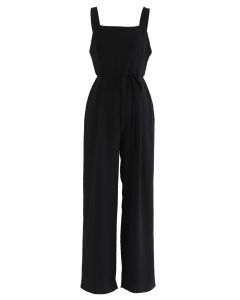 Belted Pockets Wide-Leg Cami Jumpsuit in Black