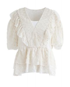 Floret Embroidery Ruffle Sheer Top in Cream