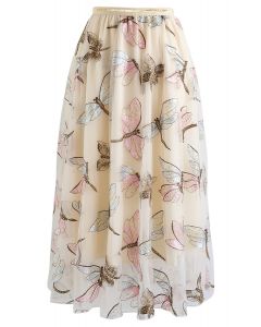 Falda de tul de malla con bordado de libélula de lentejuelas en color crema