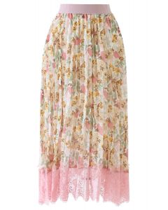 Lace Hem Floral Watercolor Pleated Chiffon Skirt in Pink