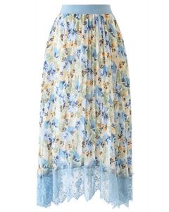 Falda de gasa plisada acuarela floral con dobladillo de encaje en azul polvoriento