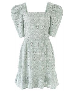 Zigzag Eyelet Floral Embroidered Square Neck Mini Dress in Pea Green