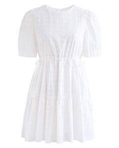 Floret Embroidered Drawstring Waist Eyelet Mini Dress in White