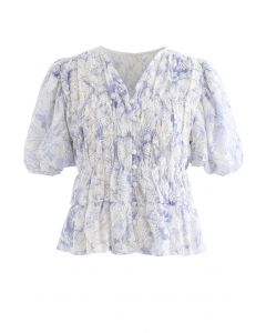 Floral Print Bubble Sleeves Button Down Chiffon Top in Blue