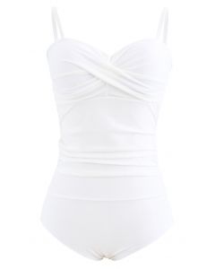 褶飾連體泳衣--白色